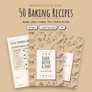 Può includere: Un ricettario stampabile intitolato Flour, Butter & Love con 50 ricette di pane, torte, biscotti e pasticcini. Il set include 68 pagine in formato PDF con una copertina color beige decorata con disegni a tratto nero di utensili da cucina.