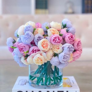 Silk Peonies Centerpiece, Purple/Pink/Champagne Peonies in Glass Vase, Artificial Faux Flowers Arrangement with Peonies for Table Home Decor