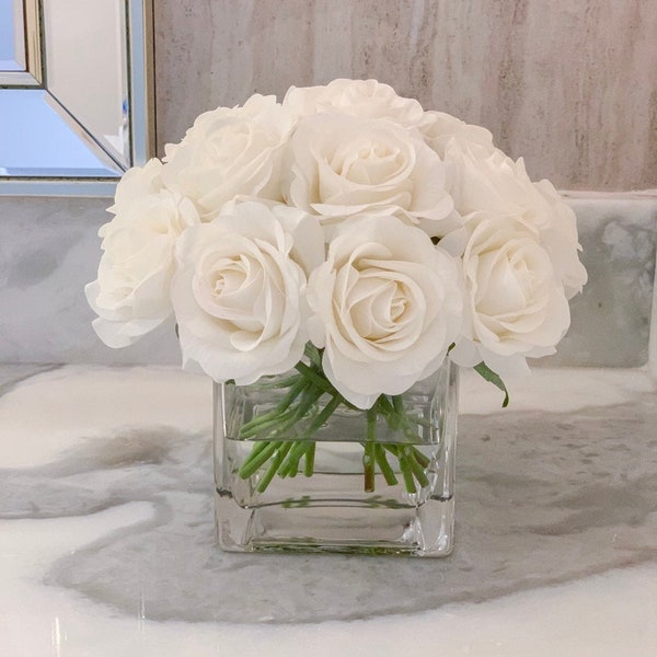 White Real Touch Rose Arrangement-Silk Flower Arrangement-Rose Centerpiece-Faux Centerpiece-Floral Arrangement Roses-Nightstand Arrangement