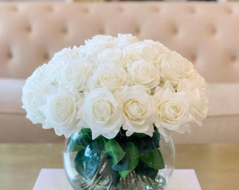 Real Touch Rose Centerpiece, White/Pink Rose Arrangement, Artificial Floral Arrangement in a Vase with 30 Roses for Home Decor