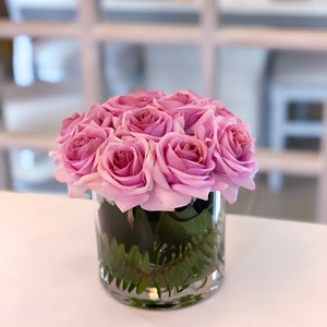 Real Touch Purple Lavender Rose Arrangement In Glass Vase for Home Decor, Wedding Centerpiece, Rose Party Centerpiece and Handmade Flowers