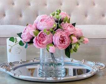Pink Rose Peony Arrangement-Silk Peonies In Glass Vase-Peony Centerpiece-Artificial Faux Flower Arrangement-Home Decor Centerpiece
