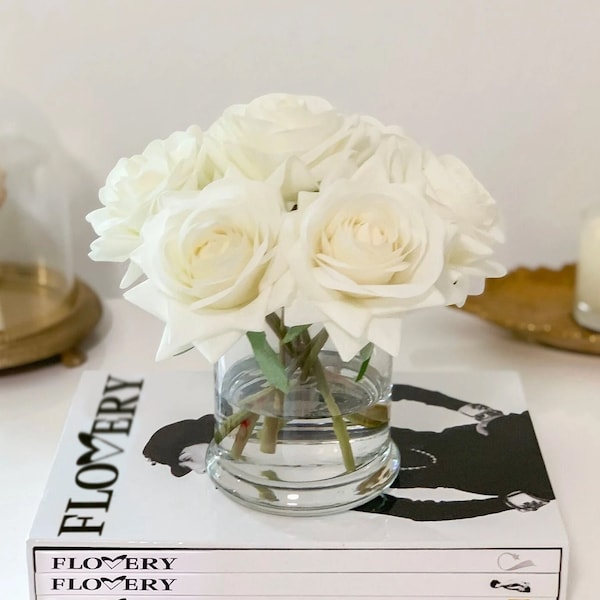 Best Seller Real Touch Rose Flower Arrangement, White Rose Floral, Silk Rose Arrangement, Real Touch Rose Centerpiece, Faux Rose Arrangement