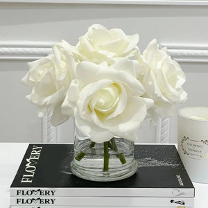Large Rose Real Touch Arrangement, White/Pink Rose Arrangement, Faux Floral Home Decor Arrangement in a Glass Vase