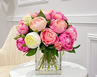 Pink Peonies Arrangement: French Country Silk Flowers in Vase