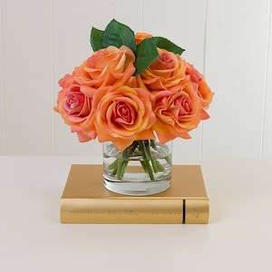 Real Touch Peach Orange Roses Faux Arrangement in Cylinder Glass Vase for Home Decor Interior Design Bedroom Bathroom Table