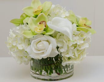 Large Real Touch White Hydrangeas Roses Orchid in Round Cylinder Vase Artificial Faux Arrangement for Home Decor Lovely Arrangement
