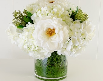 Real Touch White Rose & Hydrangea Arrangement in Glass Vase