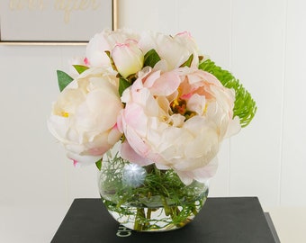 Large Light Pink Finest Quality Silk Peonies White Hydrangeas Artificial Faux Arrangement Round Glass Vase Home Decor or Silk Centerpiece