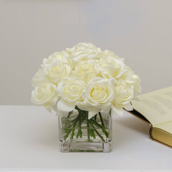 20 Real Touch White Roses Arrangement Artificial Faux Silk Flowers Square Glass Vase for Home Decor