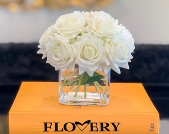 Bestseller-12 Real Touch Rose Arrangement-White Real Touch Flower Arrangement-Artificial Faux Silk Rose Centerpiece-Rose Floral Arrangement