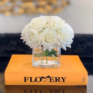 Bestseller-12 Real Touch Rose Arrangement-White Real Touch Flower Arrangement-Artificial Faux Silk Rose Centerpiece-Rose Floral Arrangement Pure White