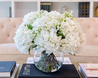 Large White French Hydrangea Centerpiece w/ Baby Breath, 17-in, Modern Artificial Centerpiece Arrangement for Wedding Decor using Hydrangeas