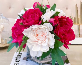 Real Touch Magenta/Blush Large Peony Arrangement, Peony Flower Centerpiece, Wedding Arrangement