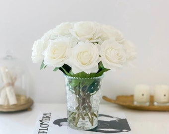White Real Touch Rose Arrangement, Silk Rose Centerpieces, Faux Floral Home Decor Arrangement