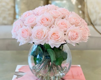 Real Touch Flower Arrangement, Blush Pink Roses Arrangement, Faux Floral Home Decor