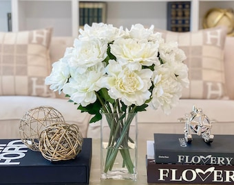 Tall Elegant Real Touch/Silk Peony Flowers Arrangement, Off White Silk Peonies Arrangement, Modern Home Decor Centerpiece