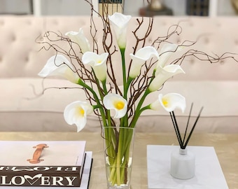 Real Touch White Calla Lily & Tulip Centerpiece - Faux Floral Arrangement