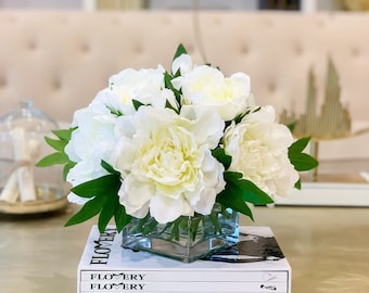 Silk White Large Peony Centerpiece, Real Touch Peony Arrangement, Modern Floral Home Decor Centerpiece