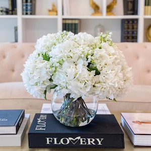 Large White French Hydrangea Centerpiece w/ Baby Breath, 17-in, Modern Artificial Centerpiece Arrangement for Wedding Decor using Hydrangeas