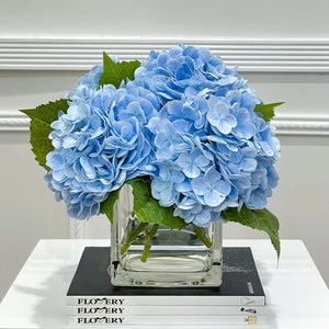 Real Touch Blue Hydrangea Arrangement In Glass Vase, French Country Flower Arrangement, Real Touch Flower Wedding Arrangement