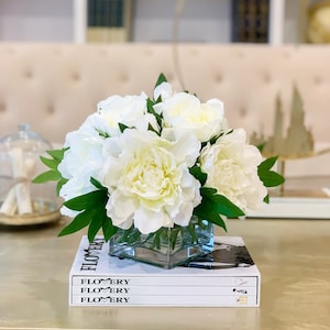 Silk White Large Peony Centerpiece, Real Touch Peony Arrangement, Modern Floral Home Decor Centerpiece