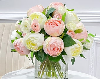 Blush Pink Peony Arrangement: French Country Silk Flowers in Vase