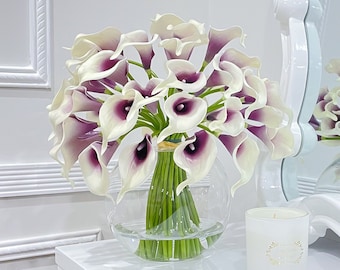 Purple Calla Lily Arrangement: Real Touch Faux Flowers in Glass Vase
