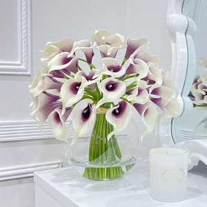 Fall,Winter Real Touch Arrangement, Purple Real Touch Calla Lilies Arrangement, Artificial Faux Flowers in Glass Vase For Home Decor