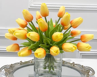 Ombre Tulip Arrangement: Real Touch Centerpiece in Glass Vase