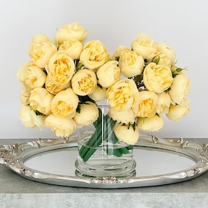 Yellow Peony Arrangement-54 Silk Peonies In Glass Vase-Peony Centerpiece-Artificial Faux Flower Arrangement-Home Decor Centerpiece