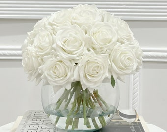 French Country Artificial Flowers Arrangement-Wedding Flower Arrangement-Real Touch White Roses Arrangement-White Rose Modern Centerpiece