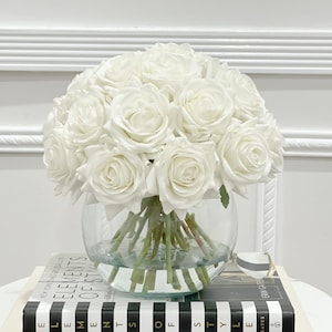 French Country Artificial Flowers Arrangement-Wedding Flower Arrangement-Real Touch White Roses Arrangement-White Rose Modern Centerpiece