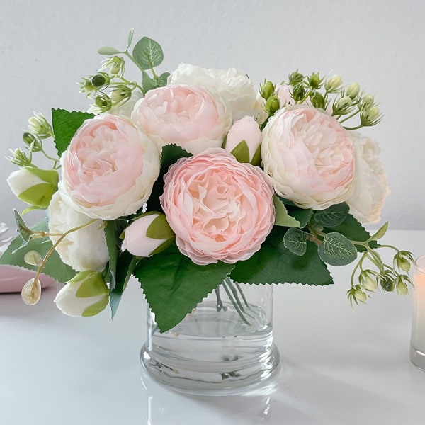 White or Pink Rose Peony Arrangement In Glass Vase for Home Decor, Peony Silk Centerpiece, Artificial Rose Peony Faux Flower Arrangement