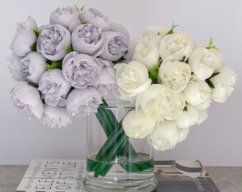 Disposizione viola / lavanda / peonia bianca - Peonie di seta in vaso di vetro-Centrotavola di peonia - Composizione di fiori finti artificiali - Disposizione moderna