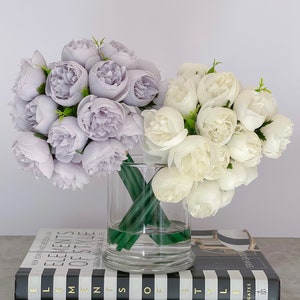 Purple/Lavender/White Peony Arrangement-Silk Peonies In Glass Vase-Peony Centerpiece-Artificial Faux Flower Arrangement-Modern Arrangement