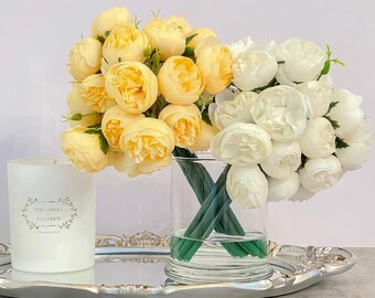 Yellow/White 54 Peony Arrangement-Silk Peonies In Glass Vase-Peony Centerpiece-Artificial Faux Flower Arrangement-Modern Arrangement