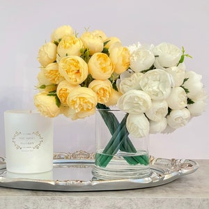 Yellow/White 54 Peony Arrangement-Silk Peonies In Glass Vase-Peony Centerpiece-Artificial Faux Flower Arrangement-Modern Arrangement