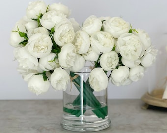 White Peony Arrangement-54 Silk Peonies In Glass Vase-Peony Centerpiece-Artificial Faux Flower Arrangement-Home Decor Centerpiece