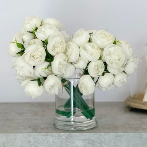 White Peony Arrangement-54 Silk Peonies In Glass Vase-Peony Centerpiece-Artificial Faux Flower Arrangement-Home Decor Centerpiece