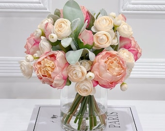 Finest Artificial Pink Peonies and Ranunculus Arrangement Artificial Faux Centerpiece, High End Floral Flowers in Vase Home Decor