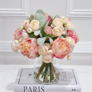 Finest Artificial Pink Peonies and Ranunculus Arrangement Artificial Faux Centerpiece, High End Floral Flowers in Vase Home Decor