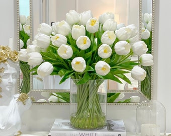 X-Large 50 Tulips French Floral Arrangement in Vase, Modern Faux Floral Arrangement, Real Touch Tulips, Faux Tulips Flower Arrangement