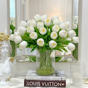 X-Large 50 Tulips French Floral Arrangement in Vase, Modern Faux Floral Arrangement, Real Touch Tulips, Faux Tulips Flower Arrangement