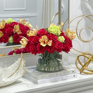 Valentine Red French Flower Centerpiece,  Real Touch Floral Arrangement for Dinner,Foyer Table, French Centerpiece In Glass Vase Home Decor