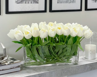 Modern Long Real Touch Tulip Arrangement in Glass Vase White/Off White Artificial Tulip Faux Centerpiece Luxury French Floral Table Decor