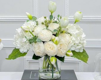White Peony Hydrangea Arrangement: French Country Floral Centerpiece