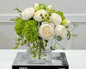 White Peonies and Hydrangea, Green Berries, Arrangement Artificial Faux Centerpiece, Elegant French Floral Centerpiece in Vase Home Decor
