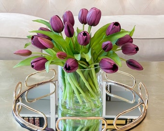 Faux tulip flower arrangement-Real touch Tulips-Tulip arrangement-Purple tulip centerpiece-Floral Centerpiece