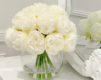 Peony Centerpiece White Large Head-Artificial Faux Centerpiece-French Country Faux Flowers Arrangement-Silk Flowers in Glass Vase